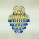 Extraordinary Three-light Wall Sconce Adorned with Unique Blue Faceted Crystal Drops and Gold Finish Frame Creating Magnificent Look