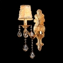Luxurious Wall Sconce Offers Gold Flower Detailing Fabric Shade and Lead Phoenix Feather Crystal Drops