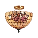 Flower Patterned Two Lights Tiffany Semi Flush Mount Ceiling Light Features Shell-made Shade