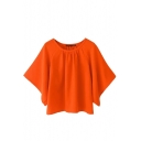 Orange Cropped Neck Ruched Batwing Sleeve Blouse