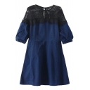 Black Lace Panel Shoulder 1/2 Sleeve Denim Dress
