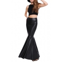 PU Mermaid Hem Longline Black Skirt