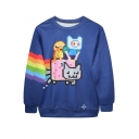 Rainbow Stripes&Cartoon Print Blue Sweatshirt