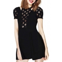 Diamond Lace Cutout Top Short Sleeve Black Babydoll Dress