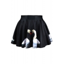 White Swan Print High Waist Pleated Mini Skirt