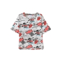 Letter Skull Mouth Flag Print T-Shirt with Round Neck