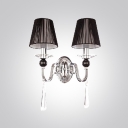Impressive Faceted Crystal Drops and Black Empire Fabric Shades Add Charm to Delightful Two Lights Wall Sconce