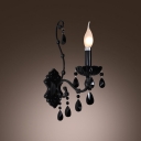 Modern Black Finish  Wall Sconce with One Candle Light Adorned with Beautiful Black Crystal Droplets