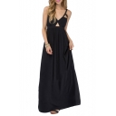 V-Neck Cutout Chest Sleeveless Ruched Detail Black Maxi A-line Dress