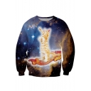 Dark Blue Galaxy&Gold Cat Print Sweatshirt