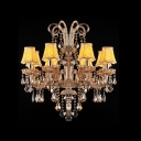 Classic and Elegant Crystal Scrollls Fabric Bell Shaded and Crystal Droplets Chandelier
