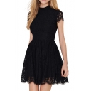 Backless Short Sleeve A-line Black Lace Dress