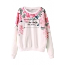 Pink Floral Print Round Neck Letter Print Sweatshirt with Long Sleeve