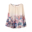 Ombre Floral Print Round Neck Long Sleeve Blouse