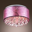 Glamorous Clear Crystal  Falls and Elegant Purple Fabric Shade Add Charm to Gorgeous Flush Mount Ceiling Light