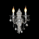 Glistening Sophisticated Two Light Wall Sconce with Sleek Strolling Arm and Beautiful Crystal Drops