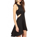 Asymmetric Hem Waist Cutout Round Neck A-line Black Dress