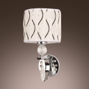 Modern Polished Chrome Finish Wall Sconce Features Elegant Crystal Drop and Graceful White Fabric Shade