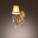 Delicate Single Wall Light Completes with White Fabric Shade and Clear Crystal Drops