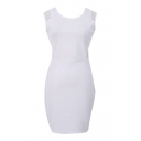 Plain Lace Panel Shoulder Round Neck White Dress