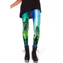 Blue Sky Green Tree Print Spandex Elastic Fashion Leggings