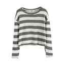 Loose Striped Long Sleeve Round Neck Crop Sweater