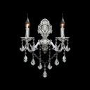 Glittering Two Candle Light Wall Sconce with Graceful Scrolling Arms and Beautiful Crystal Drops