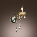 Elegant Single Light Wall Sconce with Graceful Curving Arm and Grand Crystal Droplets