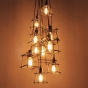 Ten-light Wrought Iron Branched Industrial LED Multi-light Pendant