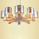 Wide Eight Light Wooden Frame And Glass Shade Chandelier 27.5”