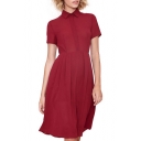 Burgundy Lapel Shirt Style Midi Pleated Dress
