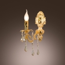 Dazzling Ravishing Strolling Arm Wall Sconce Featured Gold Finish Crystal Drops