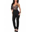 Lace Insert Cross Back Black Fitted Jumpsuits