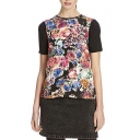 Black Short Sleeve Abstract Floral Print Blouse
