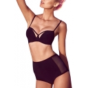 Black Halter Tie Back High Waist Sheer Net Bikini Set