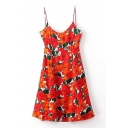 Red Floral Print Strap Pleated Fitted Tank Dress