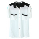 White Short Sleeve Black Insert Pockets Chiffon Shirt