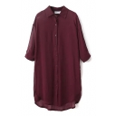 Burgundy 1/2 Sleeve Midi Basic Shirt