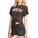 Black Letter Print Knotted Front Sheer Top