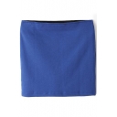 Blue Plain Mini Cotton Pencil Skirt