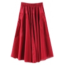 Red Double Pockets A-line Midi Skirt
