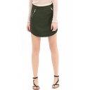 Green PU Double Zipper Mini Skirt with Curved Hem