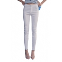 Plain Denim Fitted Skinny High Waist Pencil Jeans with Double Buttons