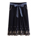 Rose Embroidered Hem Belted Pockets Elastic Waist Midi Skirt