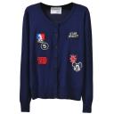 Single Breast Round Neck Letter Cartoon Embroidered Cardigan