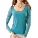 Blue Lace Inserted Mesh Round Neck Long Sleeve Top