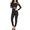 Sheer Lace Round Neck Long Sleeve Fitted Jumpsuit