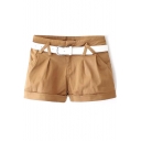 Tan Cotton Shorts with Belt and Zipper&Button Embellished