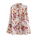 White Long Sleeve Pockets Floral Print Blouse