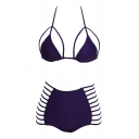 Purple Halter Tie Back Cutout High Waist Bikini Set